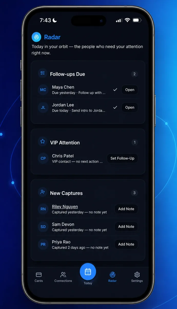 ORBINE Radar screen: follow-ups due, VIP attention and new captures
